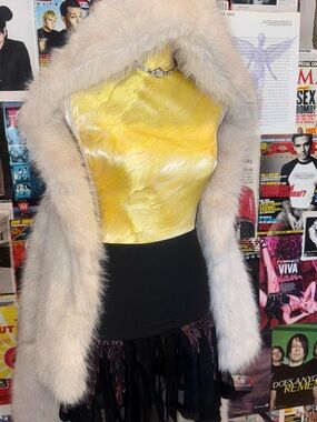 Faux Fur Hooded Coat in Soft Cream with Yellow Satin Bodice
